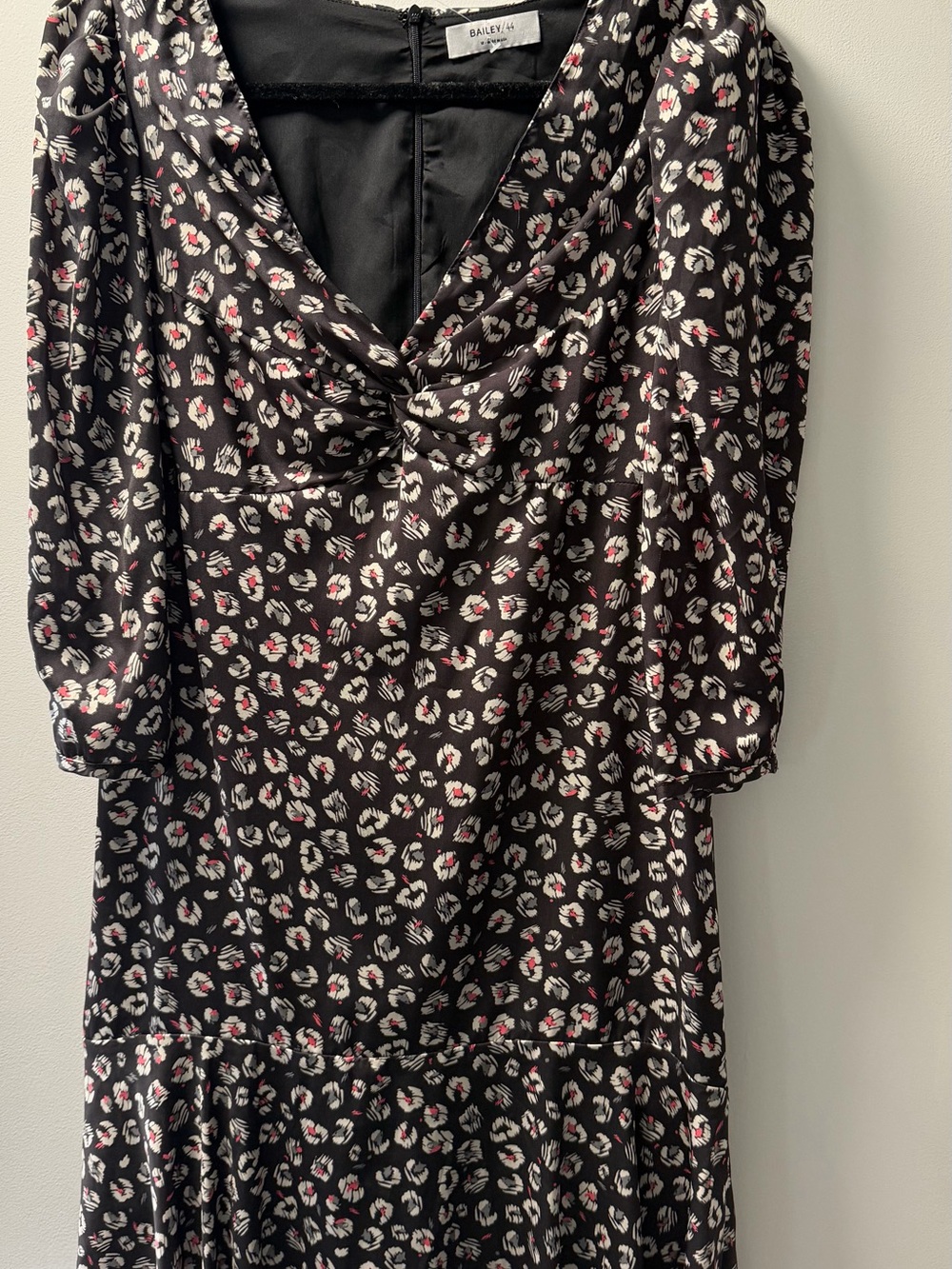 Bailey 44 Black Printed Twist-Front Midi Dress with Pink and White Accents